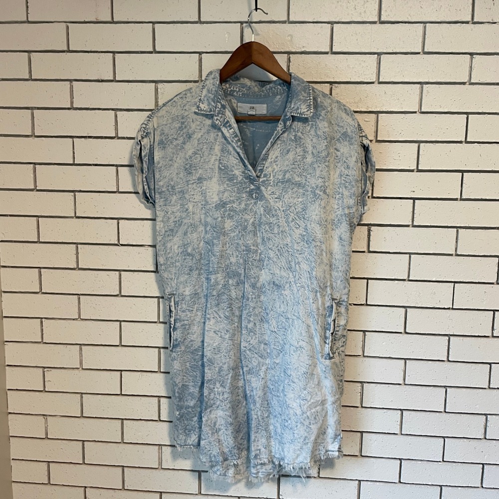 Thread & Supply Acid Wash Denim Shirt Dress Light Blue Frayed Hem Medium